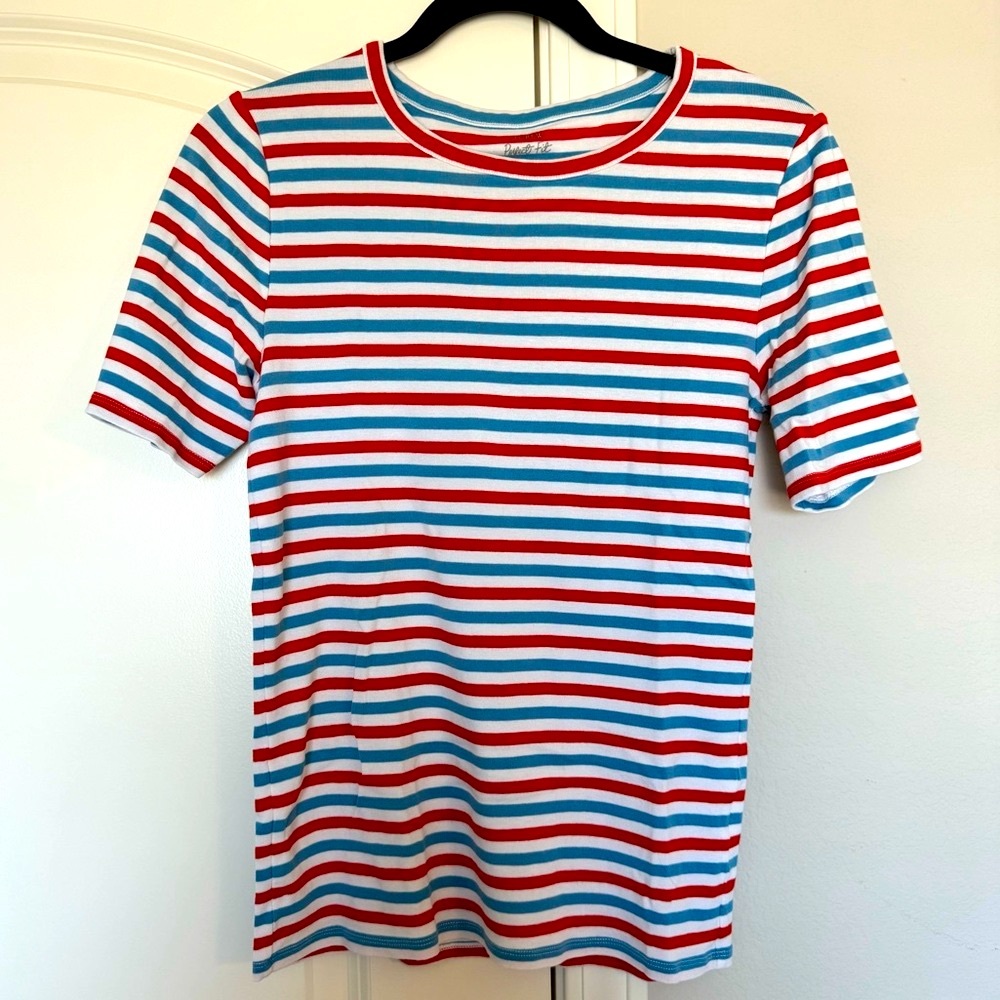 J. Crew Perfect Fit 100% Cotton Red White Blue Striped T-Shirt Size Medium